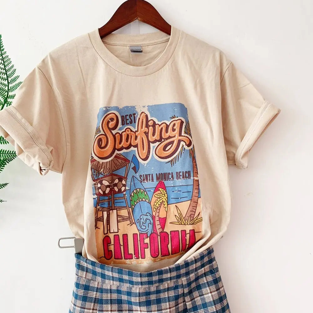 1pcs WHITE Tees Summer Casual Oversized Tee Best Surfing Santa Monica California Womens Retro Style - Blade & Thread