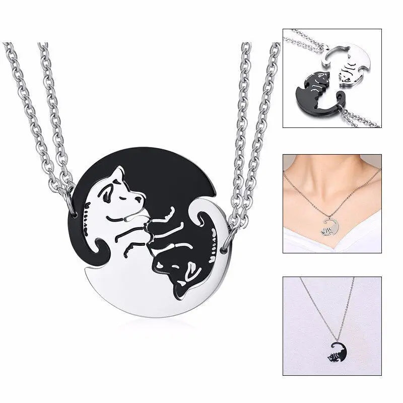 2 Pcs/Set Cute Cat Dog Shape Heart Puzzle Couples Necklaces Pendants Lover Promise Keepsake Gifts - Blade & Thread