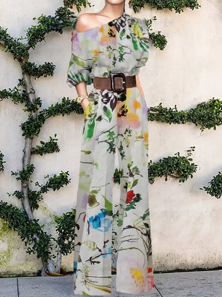 2022 Summer Pattern Print Jumpsuit Off Shoulder Romper Women Wide Leg Pant Playsuit - Blade & Thread