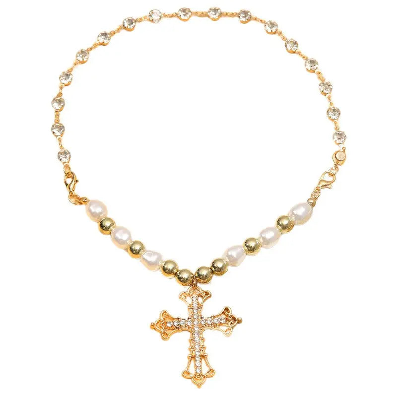 Bling Cross Pendant Necklaces for Women Girl Gift Wedding Neck Jewelry Goth Pearl Necklace nowadaysfashion