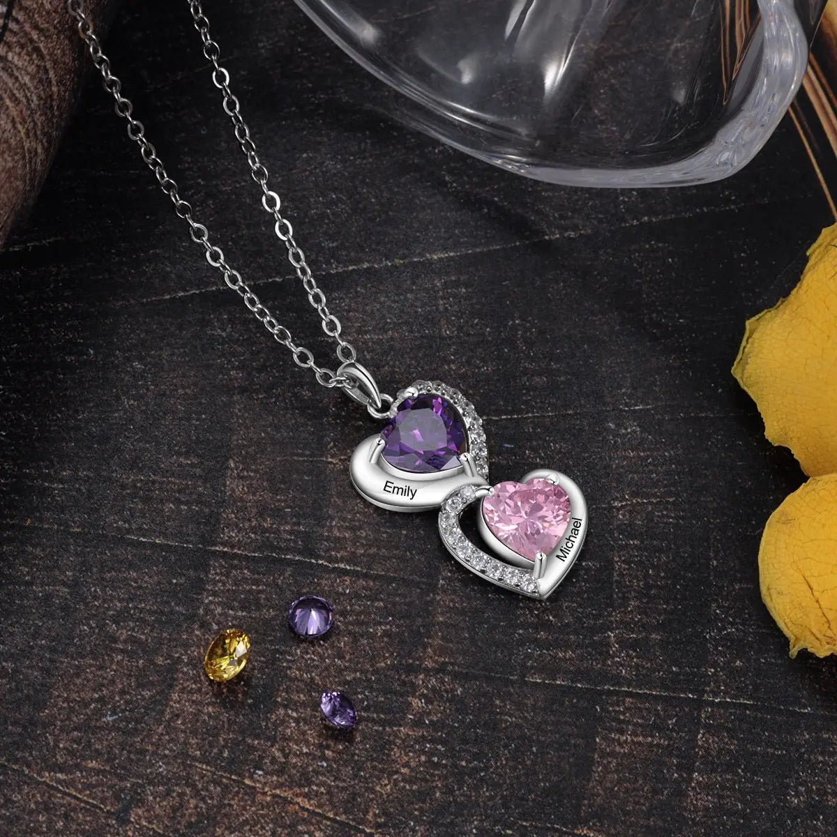 925 Sterling Silver Heart Necklace with 2 Birthstone Cubic Zirconia Custom Name Pendant - Blade & Thread