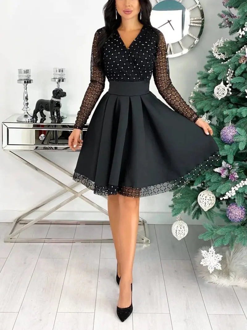 Shiny Sequin Diamond Mesh Stitching Dress Women Spring Autumn Sheer Long Sleeve Belted Slim A Line Dresses nowadaysfashion