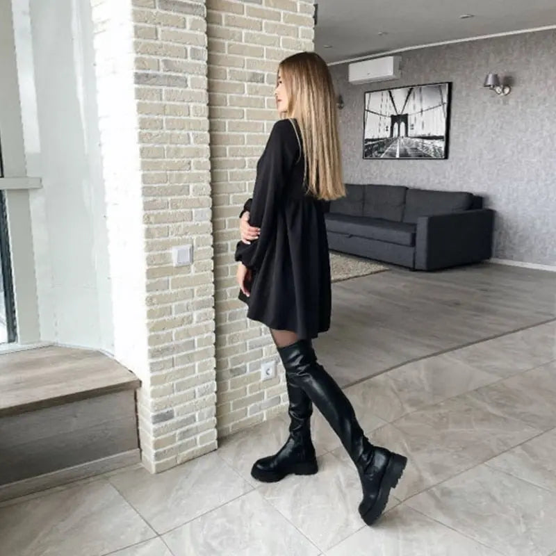 O-Neck Folds Lantern Sleeve Casual Dresses Autumn Solid Color A-Line Loose Comfort High Waist Dress nowadaysfashion