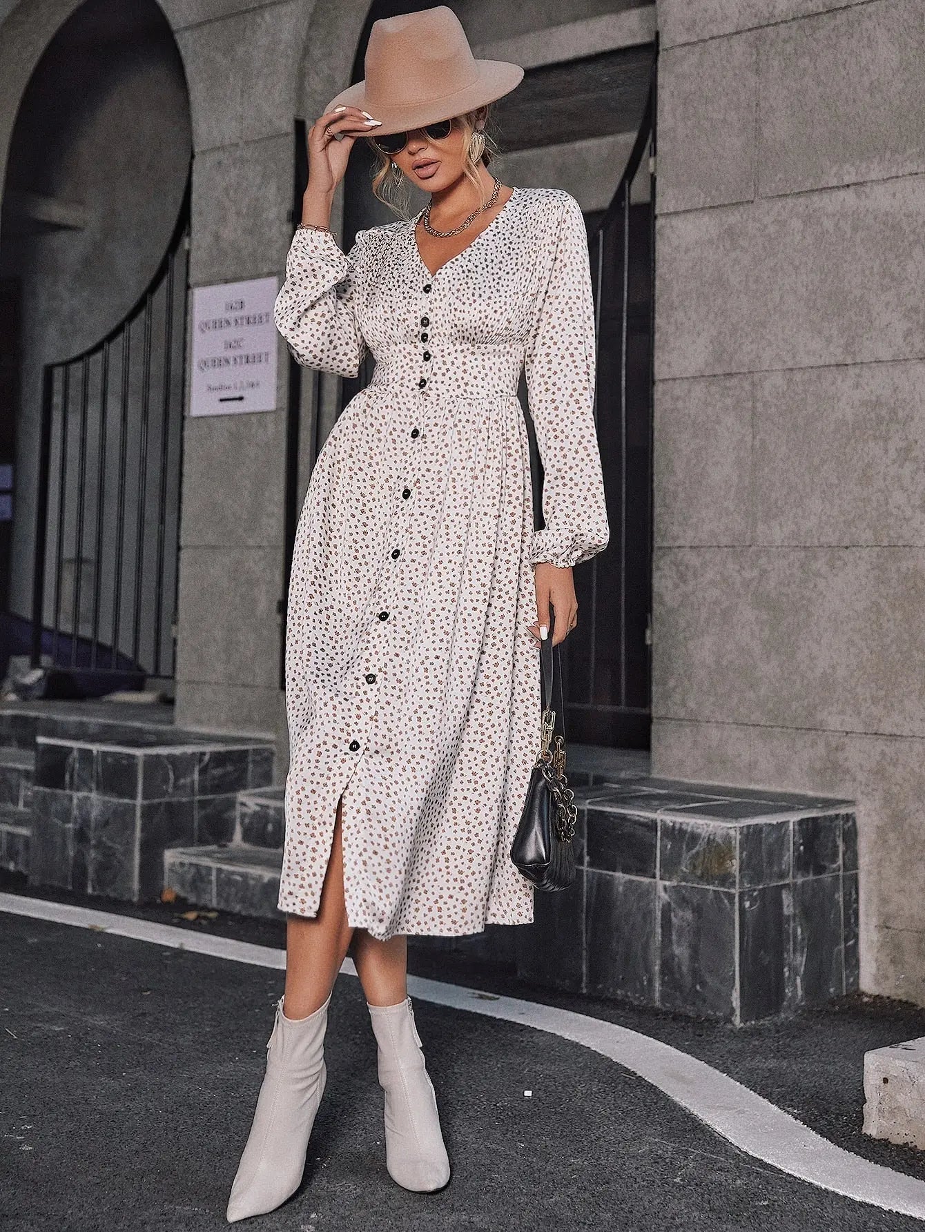 Retro pleated v-neck buttons A-line floral Elegant high waist maxi dress Long lantern sleeves vestido female nowadaysfashion