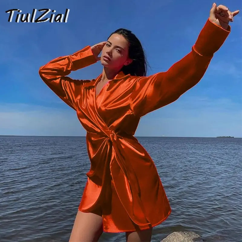Long Sleeve Mini Satin Dress Nothed Lace Up Bandage Wrap High Waist Casual Shirt Dresses nowadaysfashion