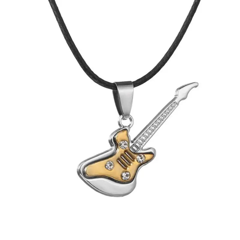 Love Music Exquisite Guitar Shaped Pendant Leather Rope Clavicle Chain Jewelry nowadaysfashion