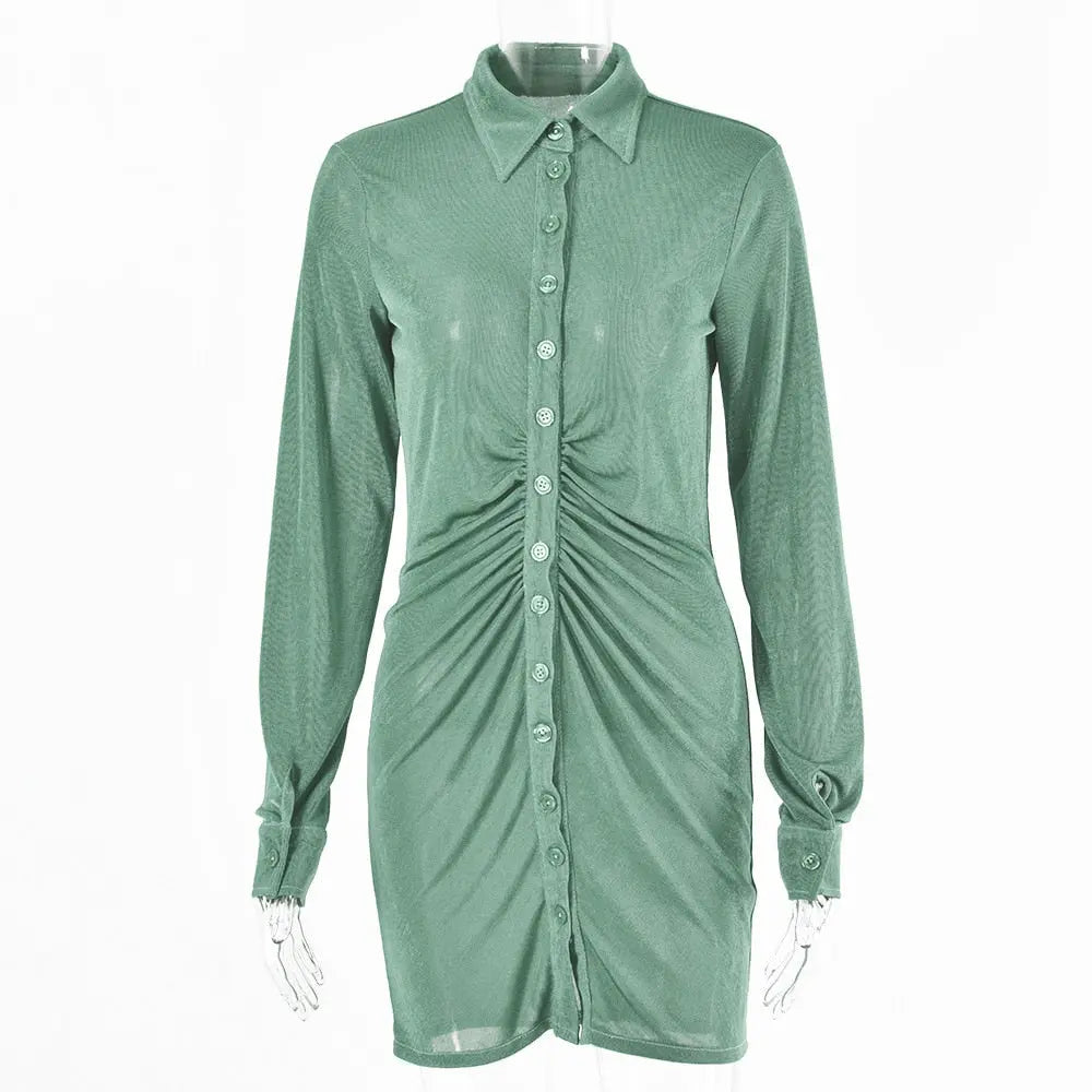 Autumn Ruched Long Sleeve Bodycon Dress Women Turn-Down Collar Sexy Mini Dress Vestidos 2022 nowadaysfashion