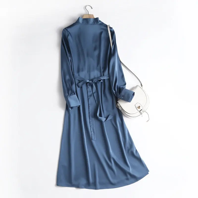 Autumn Fashion Women Elegant Satin Dress Long Sleeve Office Ladies Midi Dress nowadaysfashion