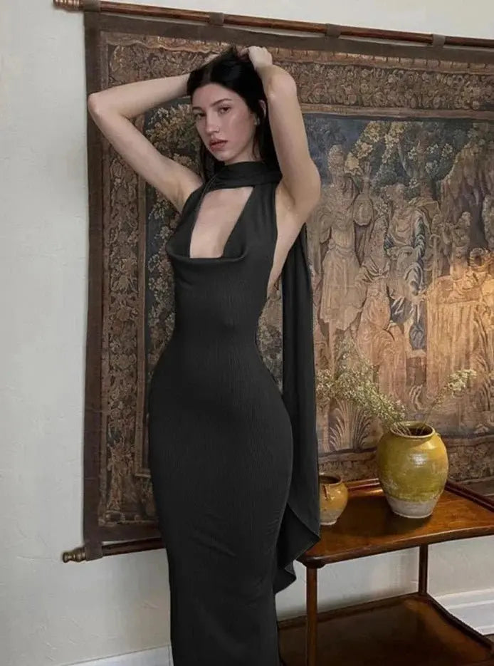 Backless Halter Evening Dress With Scarf Hollow Back Split Skinny - Blade & Thread