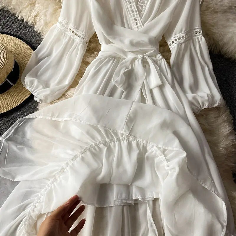 Beach Holiday Style Dress Women Elegant V-neck Lace-up High Waist Dress - Blade & Thread