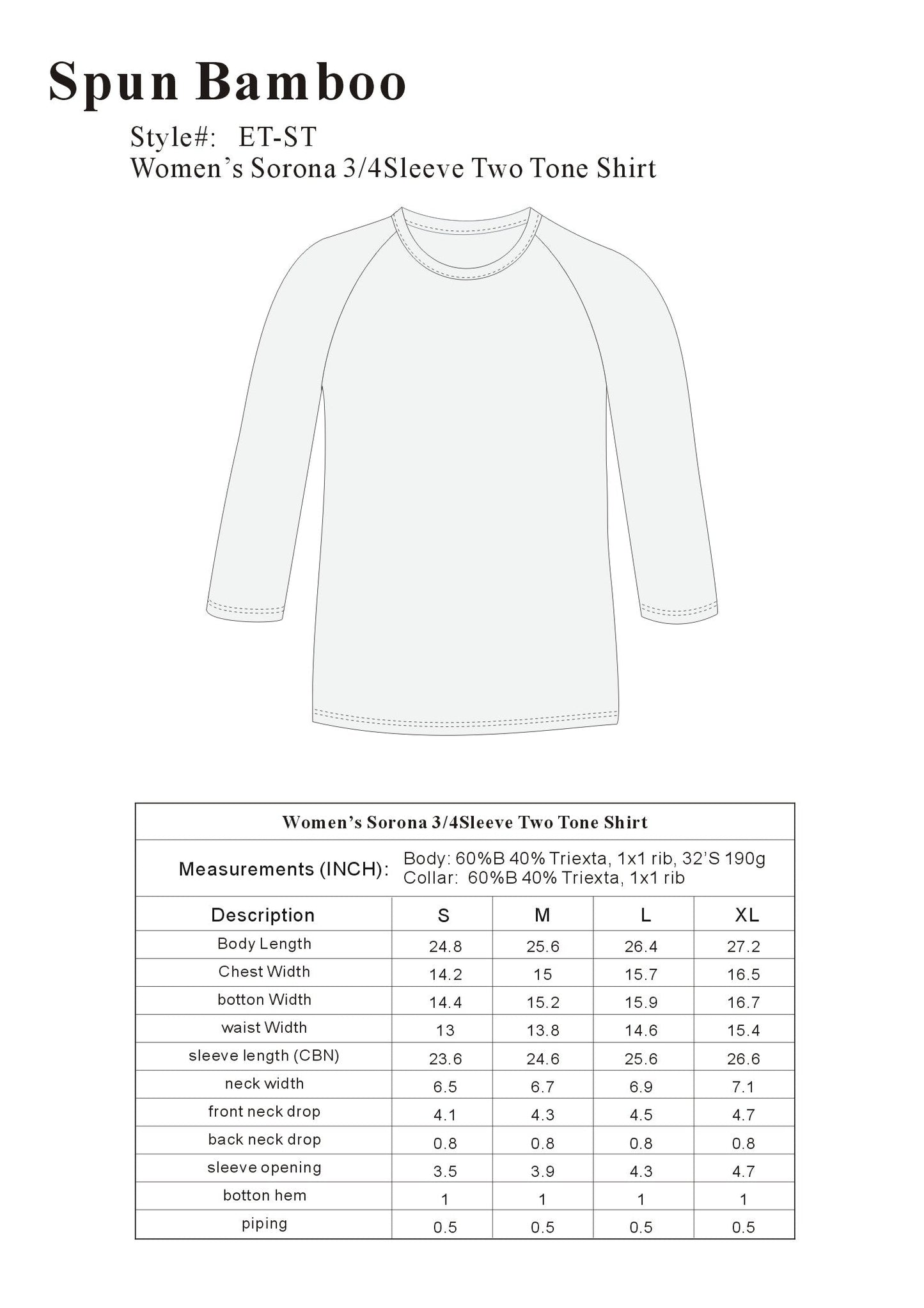 Clearance Women's Bamboo Viscose/Sorona 3/4 Sleeve T-Shirt Spun Bamboo