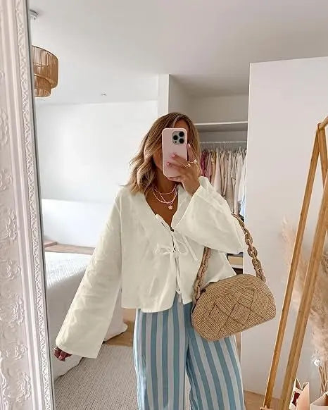 Cotton Linen Lace Up Bow Shirts Women Loose Hollow Out V Neck Long Sleeve Tops - Blade & Thread