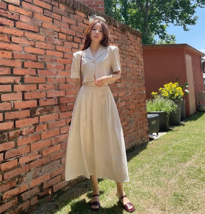 Cotton Linen Skirt 2 Two Piece Sets Outfits Female Short Sleeve Blazer Suits with High Waist - Blade & Thread