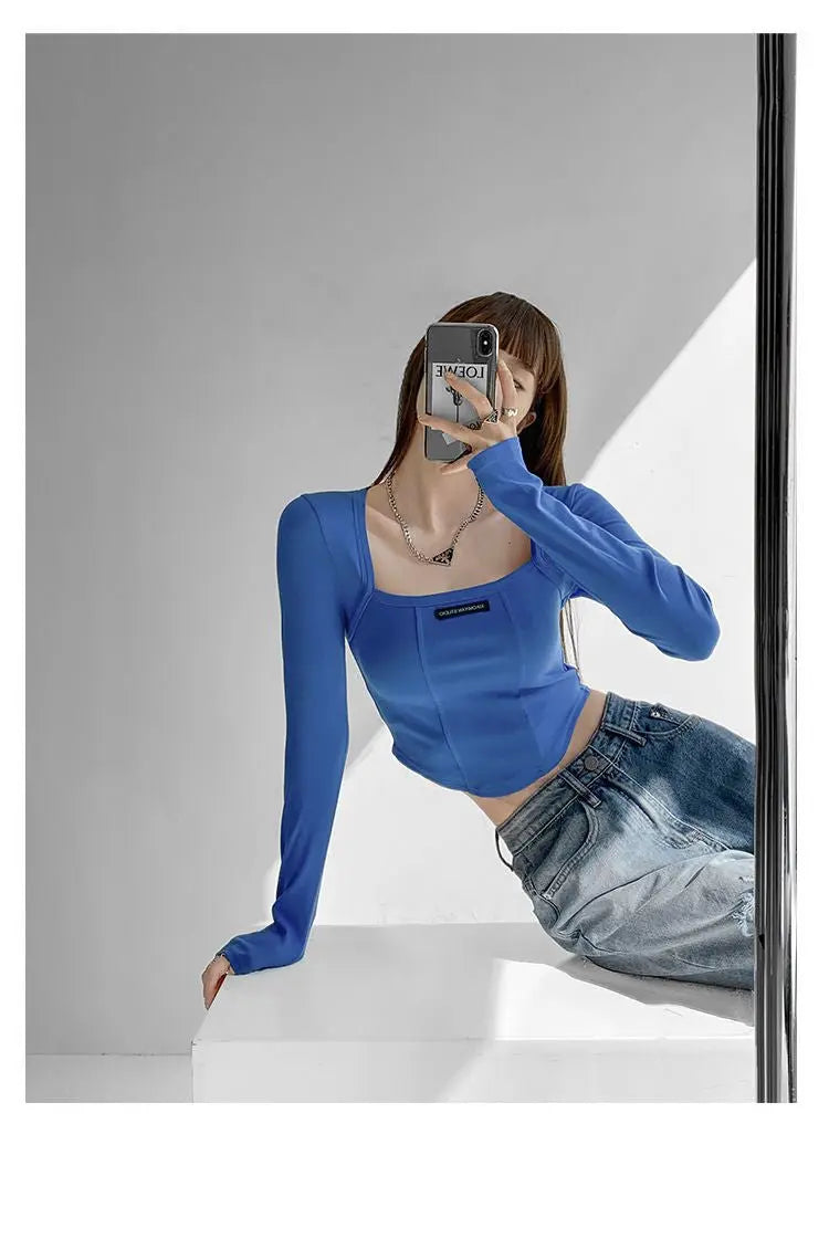 Cropped Top Women Fashion Skinny Sexy Long Sleeve T Shirts Female Casual Square Neck Tees - Blade & Thread