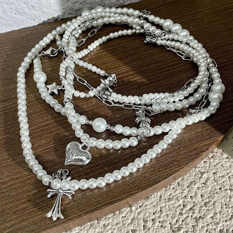 Cross heart star pearl necklace - Blade & Thread