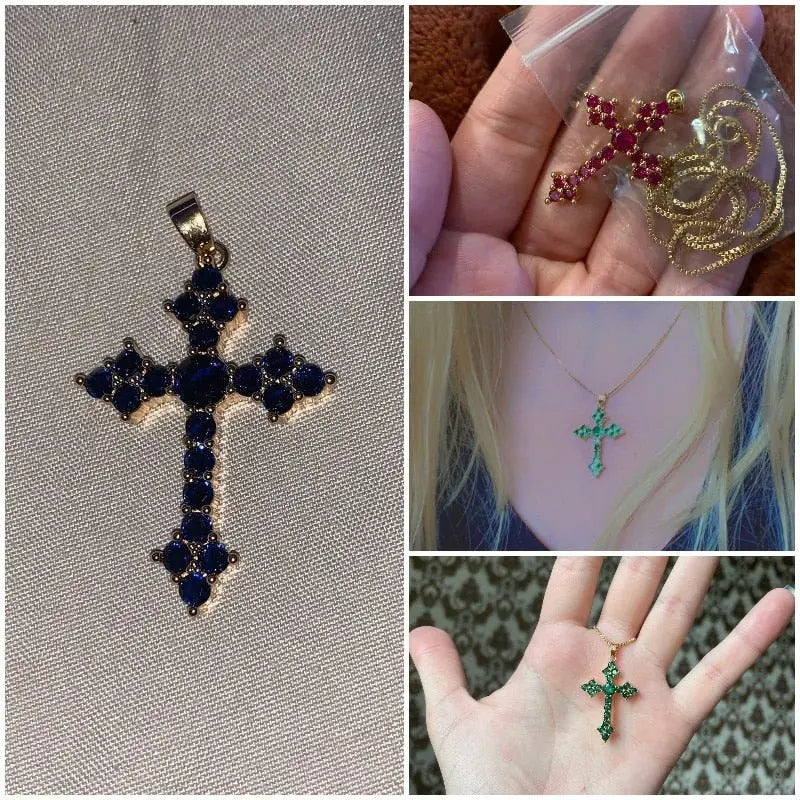 Cross Necklace Fashion White/Rose Red/Green Blue for Women Shiny Stylish Party Accessories - Blade & Thread
