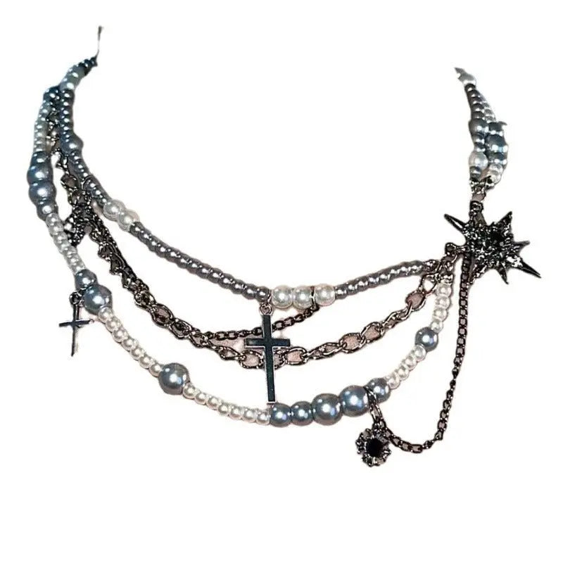 Cross star-shaped pearl multi-layered necklace - Blade & Thread