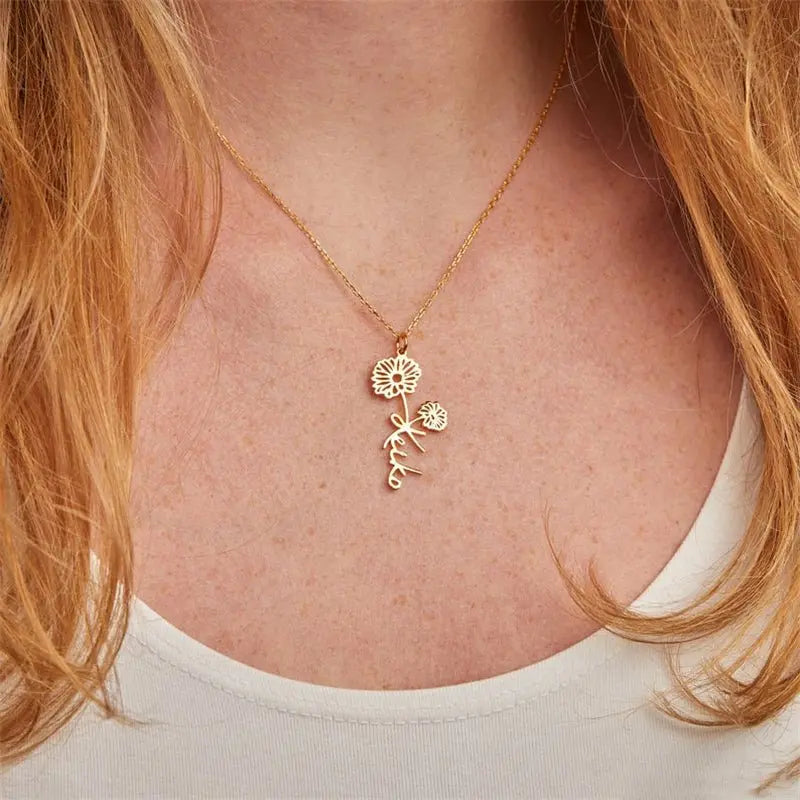 Custom Name Necklace Handwriting Style With Flower Personalized Name Jewelry - Blade & Thread