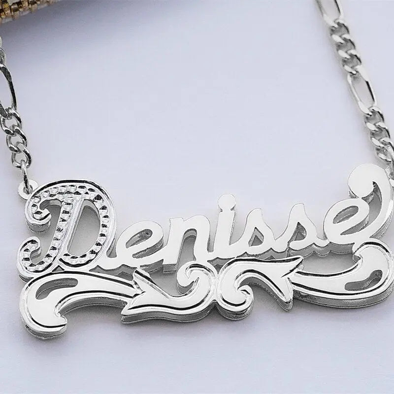 Customized Nameplate Necklace Double Name Plate Pendant Custom Letter With Figaro Chain - Blade & Thread