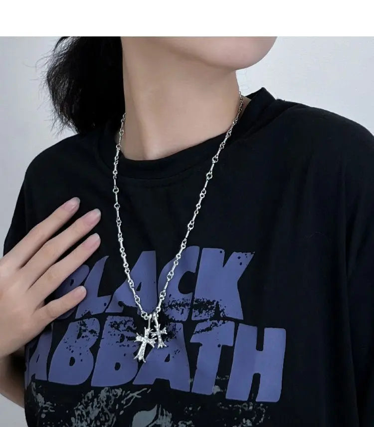 Double Cross Diamond Necklace Hip Hop Pendant - Blade & Thread