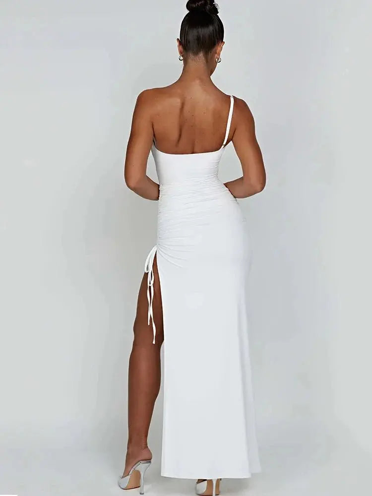 Drawstring High Slit Shoulder Slim Elastic Maxi Bodycon Dress - Blade & Thread