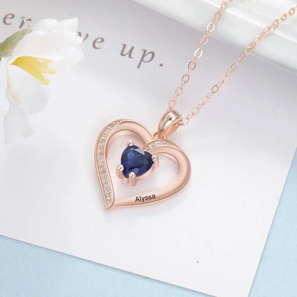 Engrave Name Heart Pendants with Customize Birthstone Necklace - Blade & Thread