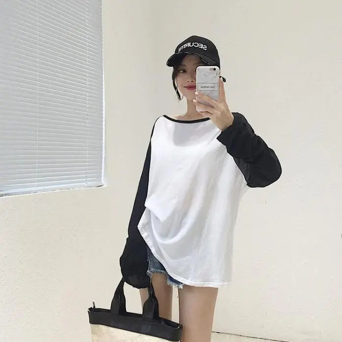 Female T-shirt Round collar Contrast Color Long Sleeve T Shirt Women spring T-Shirts - Blade & Thread
