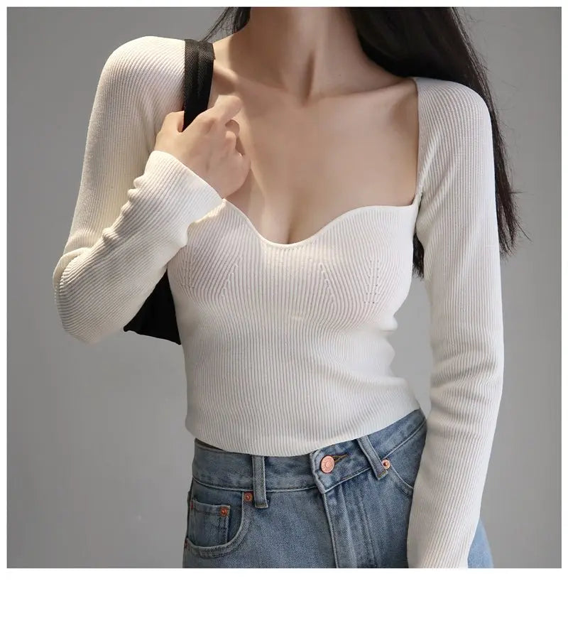 French Vintage Square Neck Knitted Tops Women Skinny Long Sleeve Pullover T-shirts Female - Blade & Thread