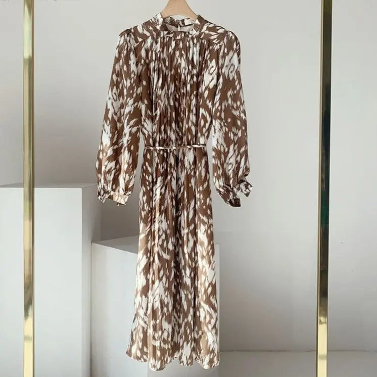 Full Sleeve Dress Elegant Hit Color Female Lace-up Printed Midi Dress Vestidos - Blade & Thread