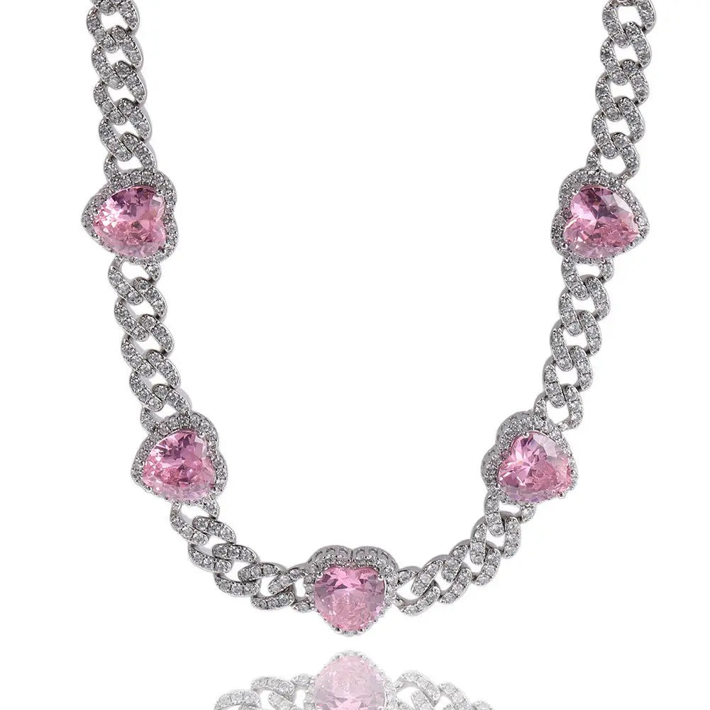 Heart Diamond Necklace Hip Hop 9MM Pink Zircon Cuban Chain - Blade & Thread
