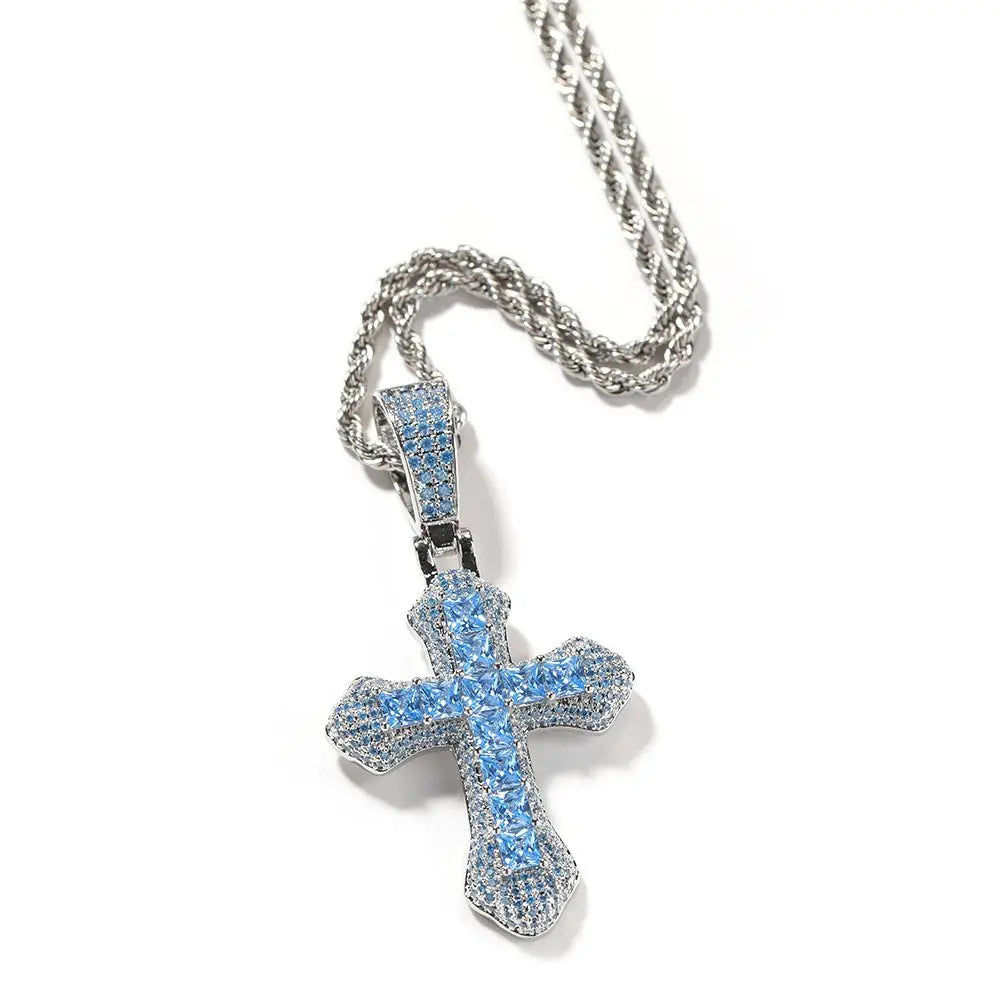 Hip Hop Cross Shape Copper Set Purple Zircon Pendant Jewelry Necklace - Blade & Thread
