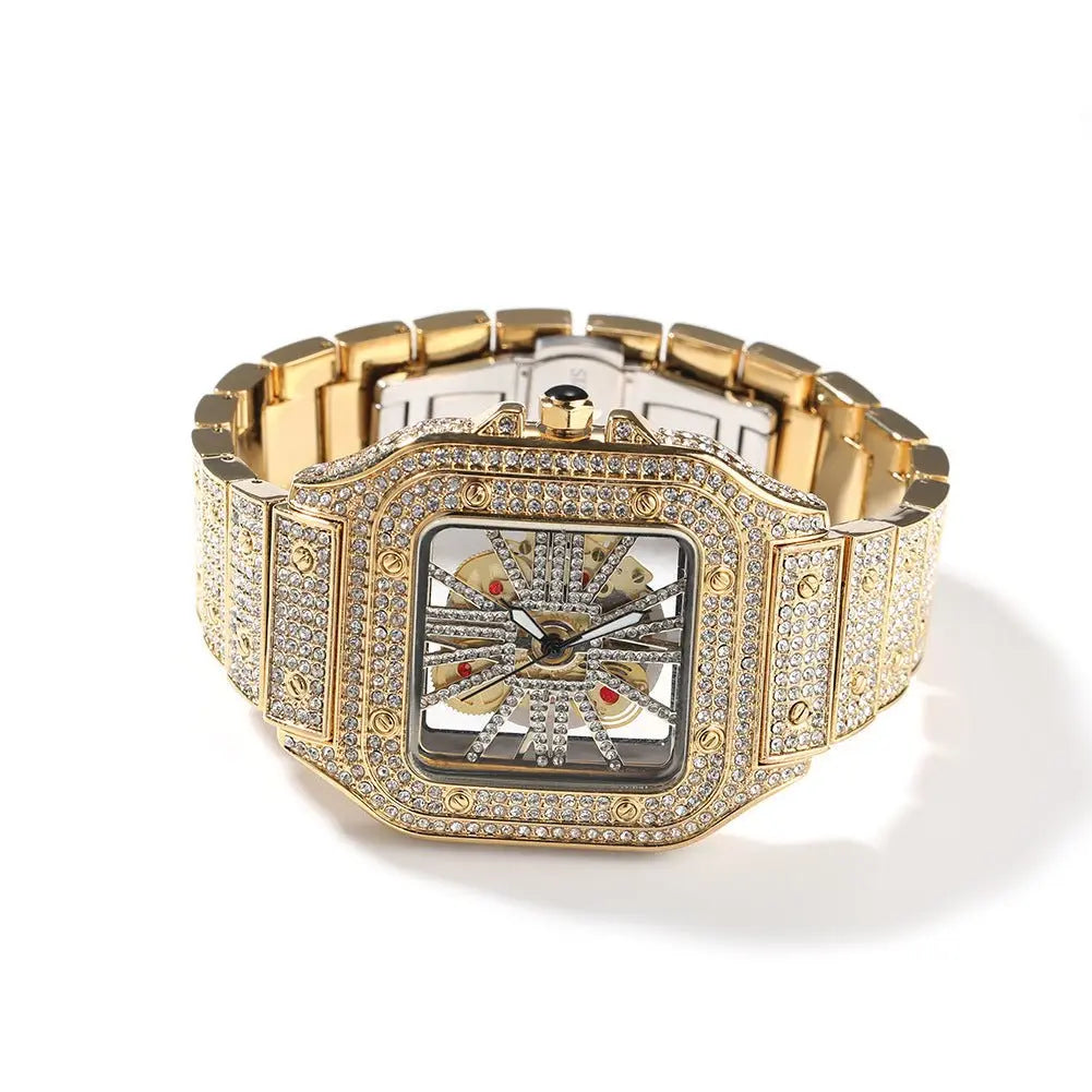 Hip-hop diamond-encrusted hollowed-out square watch - Blade & Thread