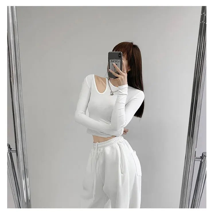 Hollow T-shirt Women Fashion Slim Y2K Cropped Tops Off Shoulder Long Sleeve Tees Woman - Blade & Thread
