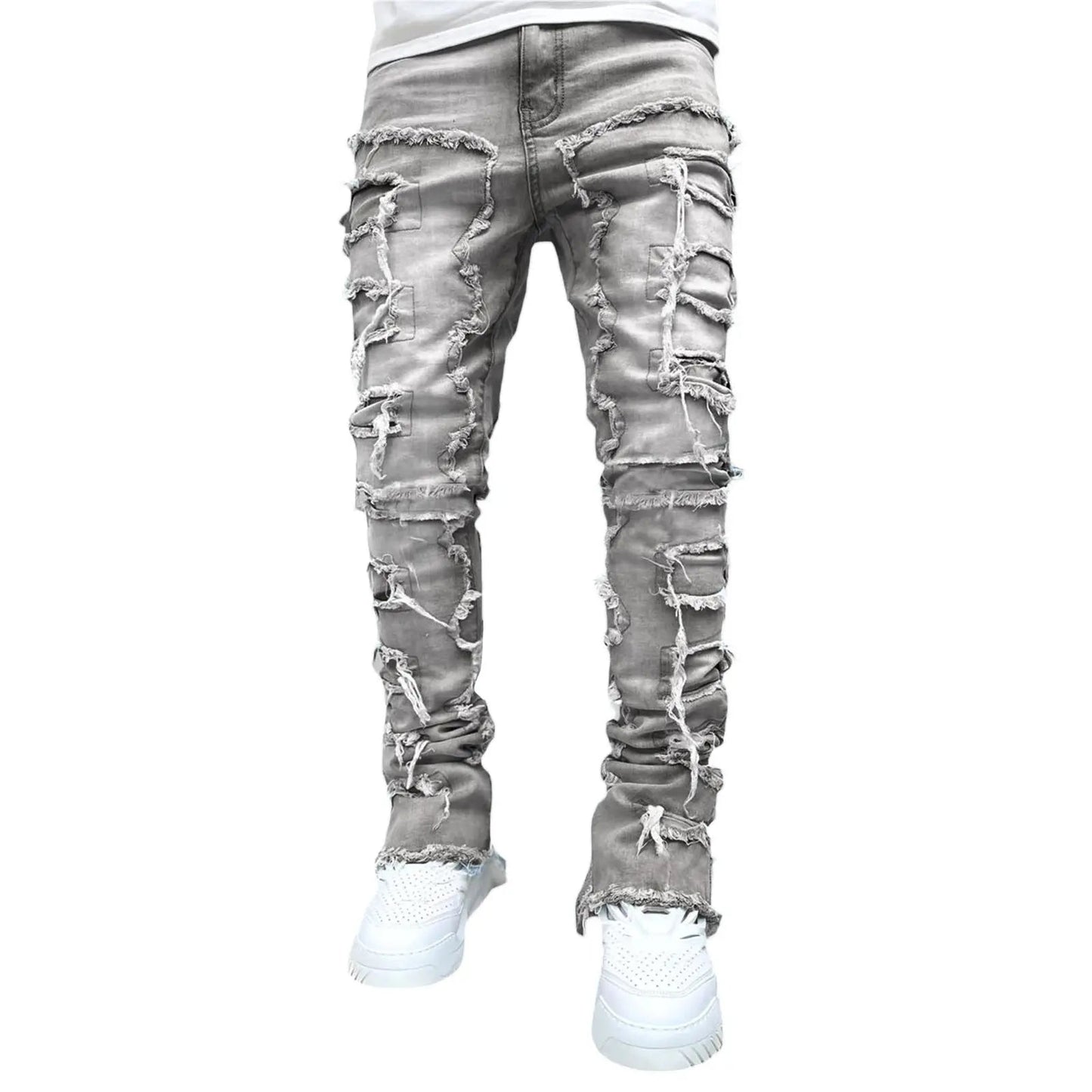 Ins Fringes Ripped Trousers Individual Patched Pants Long Tight Fit Stacked Jeans for Mens Clothing - Blade & Thread