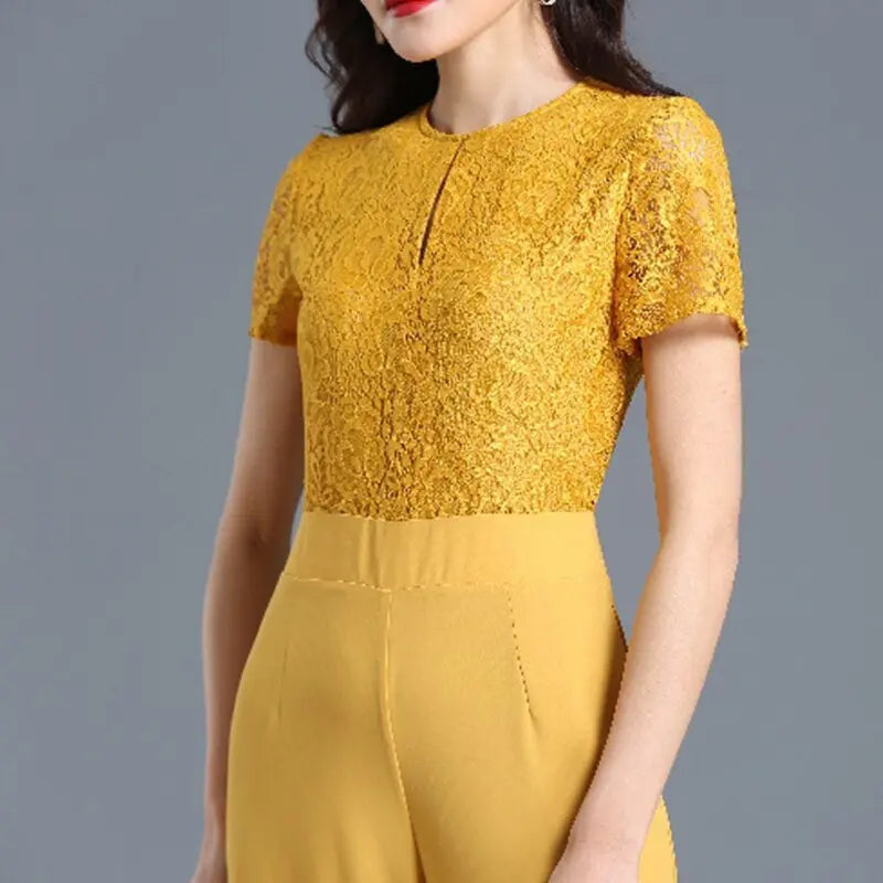 Lace Jumpsuit for Women 2022 Summer Short Sleeve Chiffon Wide Leg Rompers - Blade & Thread