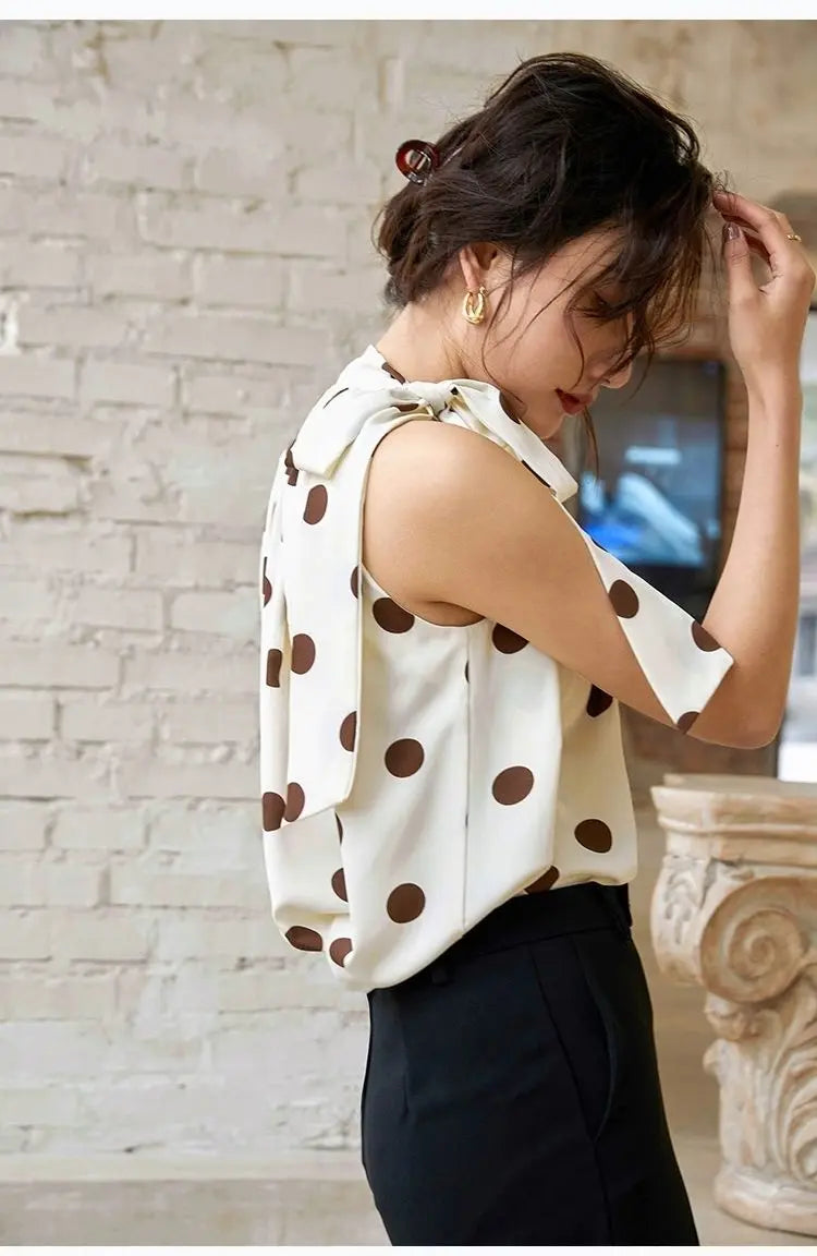 Ladies Halter Camisole Women Polka Dot Outwear Chiffon Shirts Loose Sleeveless Tops - Blade & Thread