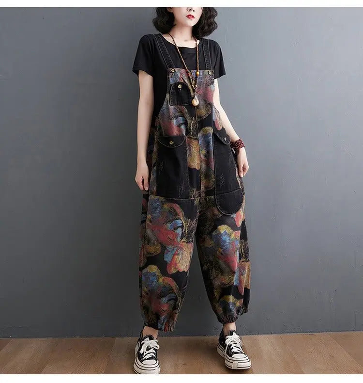Loose Jeans Black Jumpsuit Casual Ladies Big Pockets Print Floral Denim Overalls Straps Rompers - Blade & Thread
