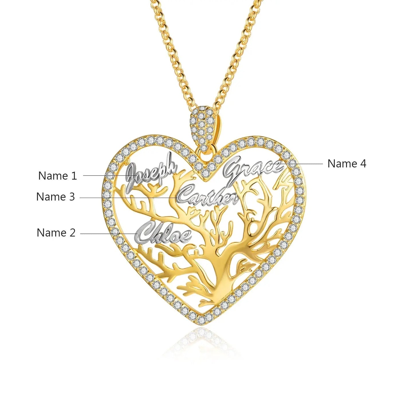 Multi-name Mixed Color Heart Necklace Family Tree of Life Nameplate Pendant - Blade & Thread