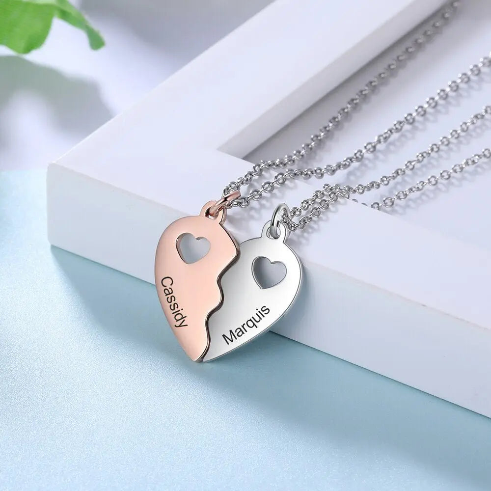 Name Engraving BFF Necklace Customized Rose Gold Silver Color Heart Couple Pendants - Blade & Thread