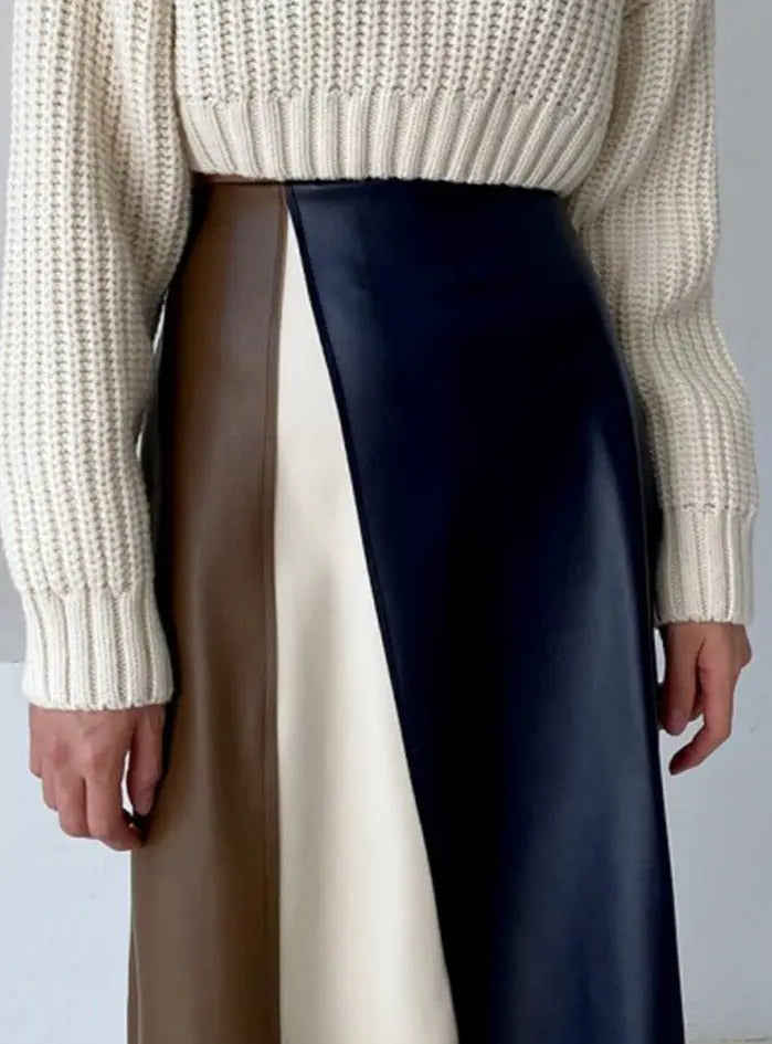 Patchwork Irregular PU Leather Skirts Women Elastic High Waist Female A-line Skirts - Blade & Thread