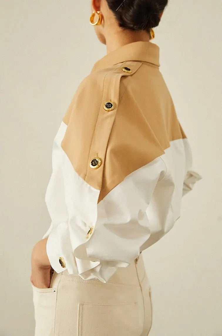 Patchwork Lapel Women Shirts Long Sleeve Single-breasted Loose Female Blouses - Blade & Thread