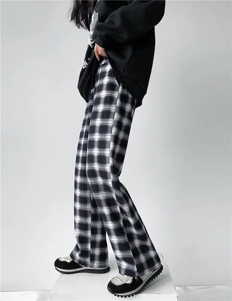 Plaid Pants Women High Waist Drawstring Loose Straight Baggy Pants 2022 Spring and Summer - Blade & Thread