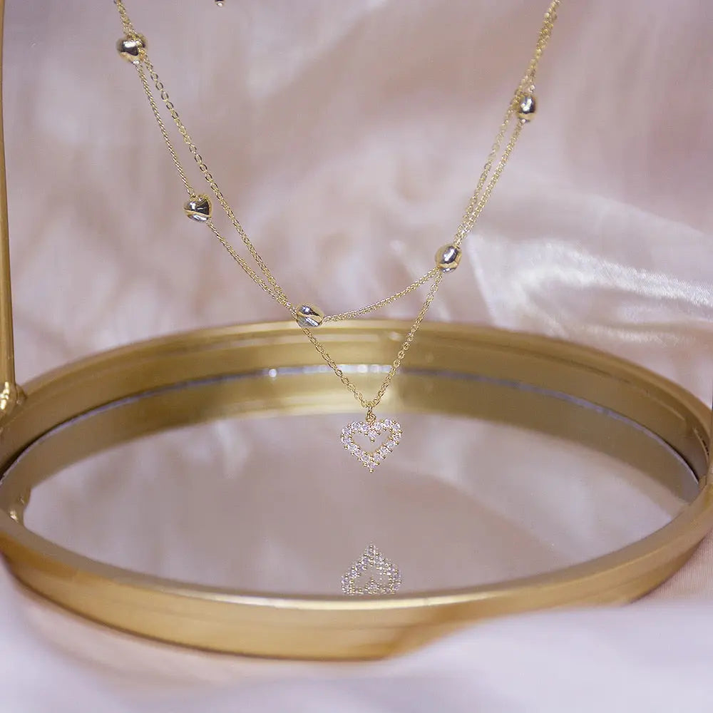 Gold Double layer Heart Necklace Shining Bling AAA Zircon Women Clavicle Chain Elegant Charm nowadaysfashion