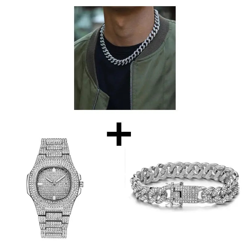 Gold Necklace +Watch+Bracelet Miami Curb Cuban Chain Gold Full Iced Out Paved Rhinestones CZ Bling nowadaysfashion