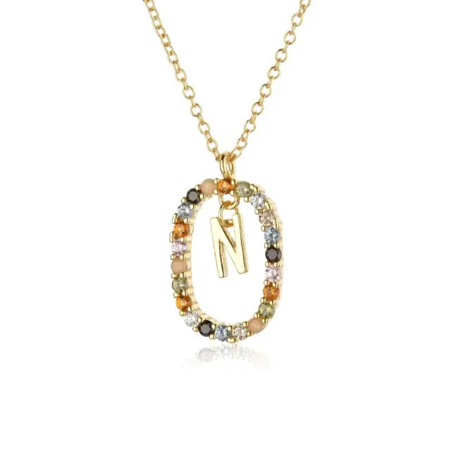 Sterling Silver Gold 26 Alphabet B J P Letters A M Initial Long Chain Necklace Summer Colorful Zircon Ovals nowadaysfashion