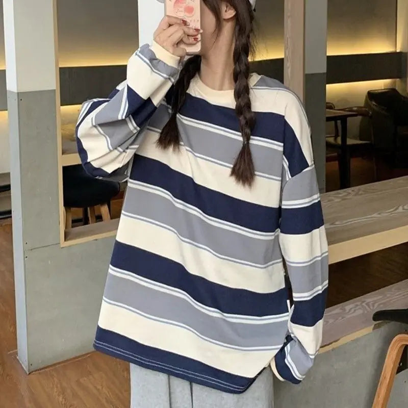 Rainbow Striped Women T Shirts Harajuku Fashion Tops Long Sleeves Oversize Tshirt O-Neck - Blade & Thread