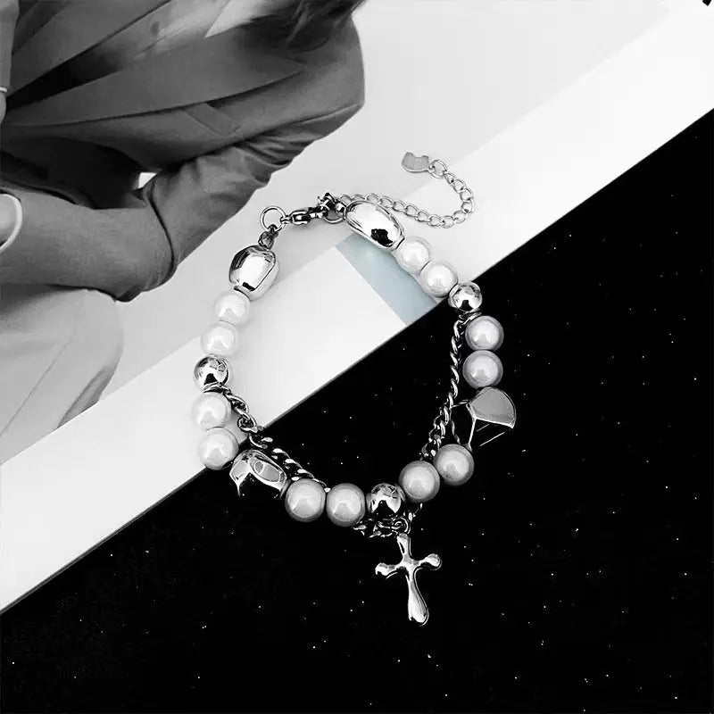 rosary necklace Reflective pearl cross necklace - Blade & Thread