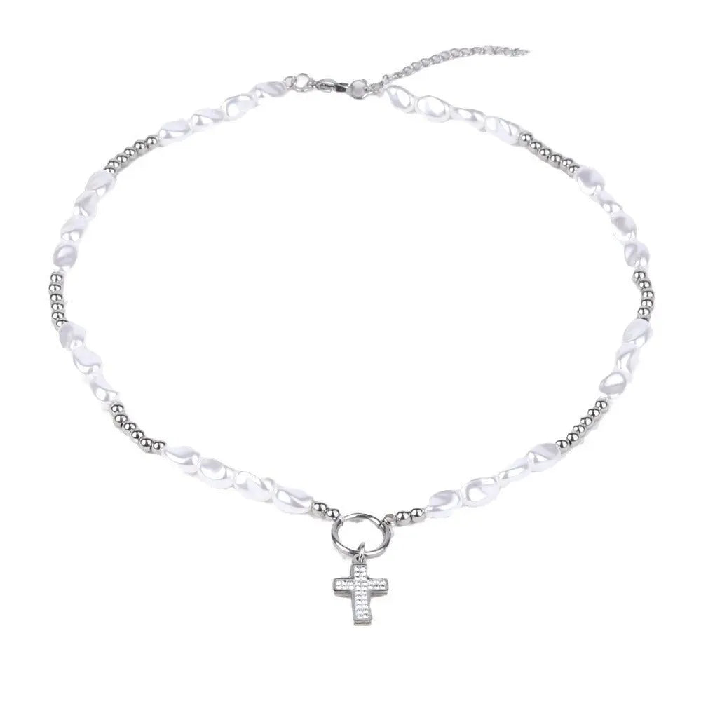 round pearl titanium steel cross necklace - Blade & Thread