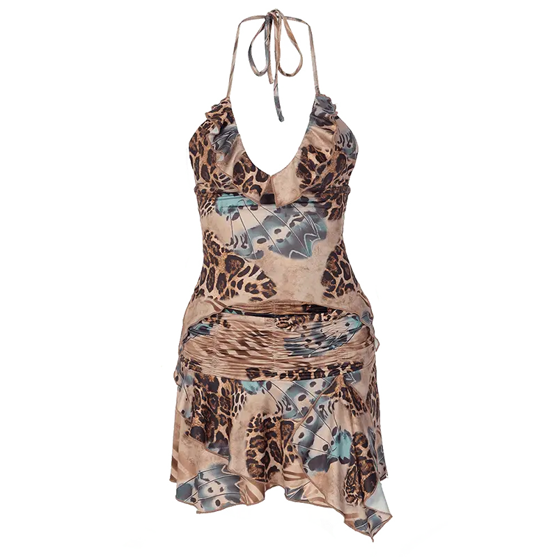 Ruffles Print Halter Sleeveless Crop Top Draped Skirts 2 Pcs Set - Blade & Thread
