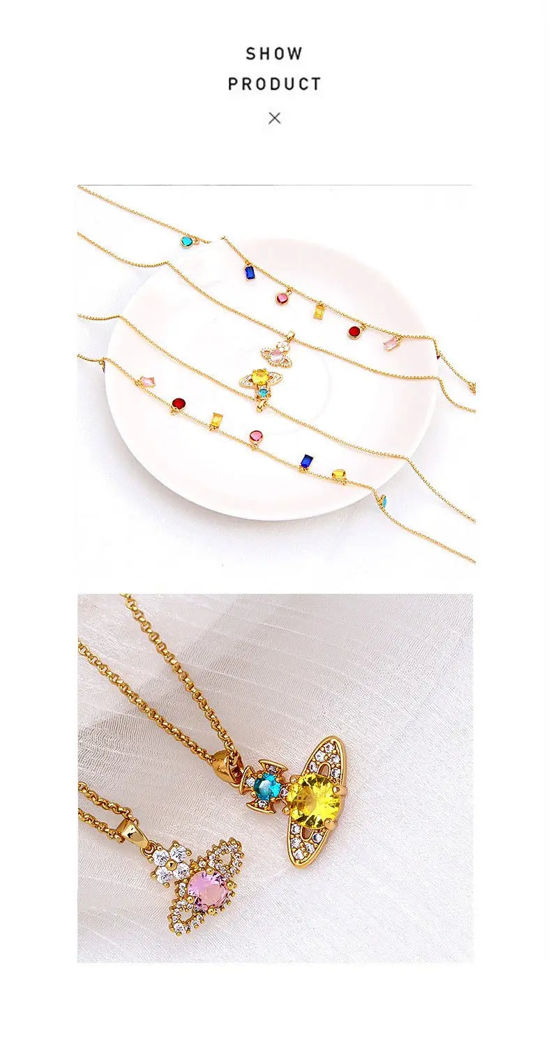 Saturn Pendant Necklace Double Gemstone Inlaid Necklace - Blade & Thread